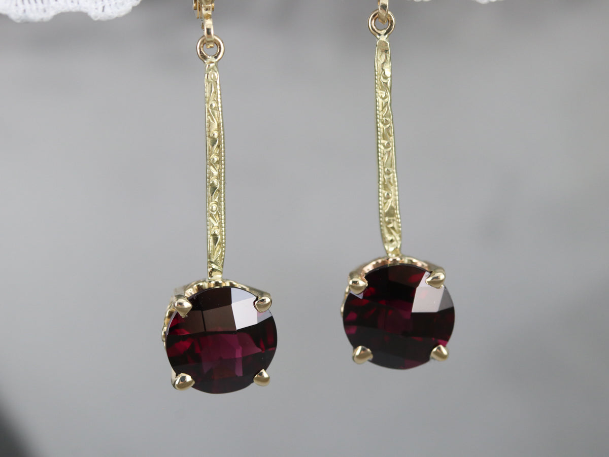 Engraved Long Garnet Drop Earrings