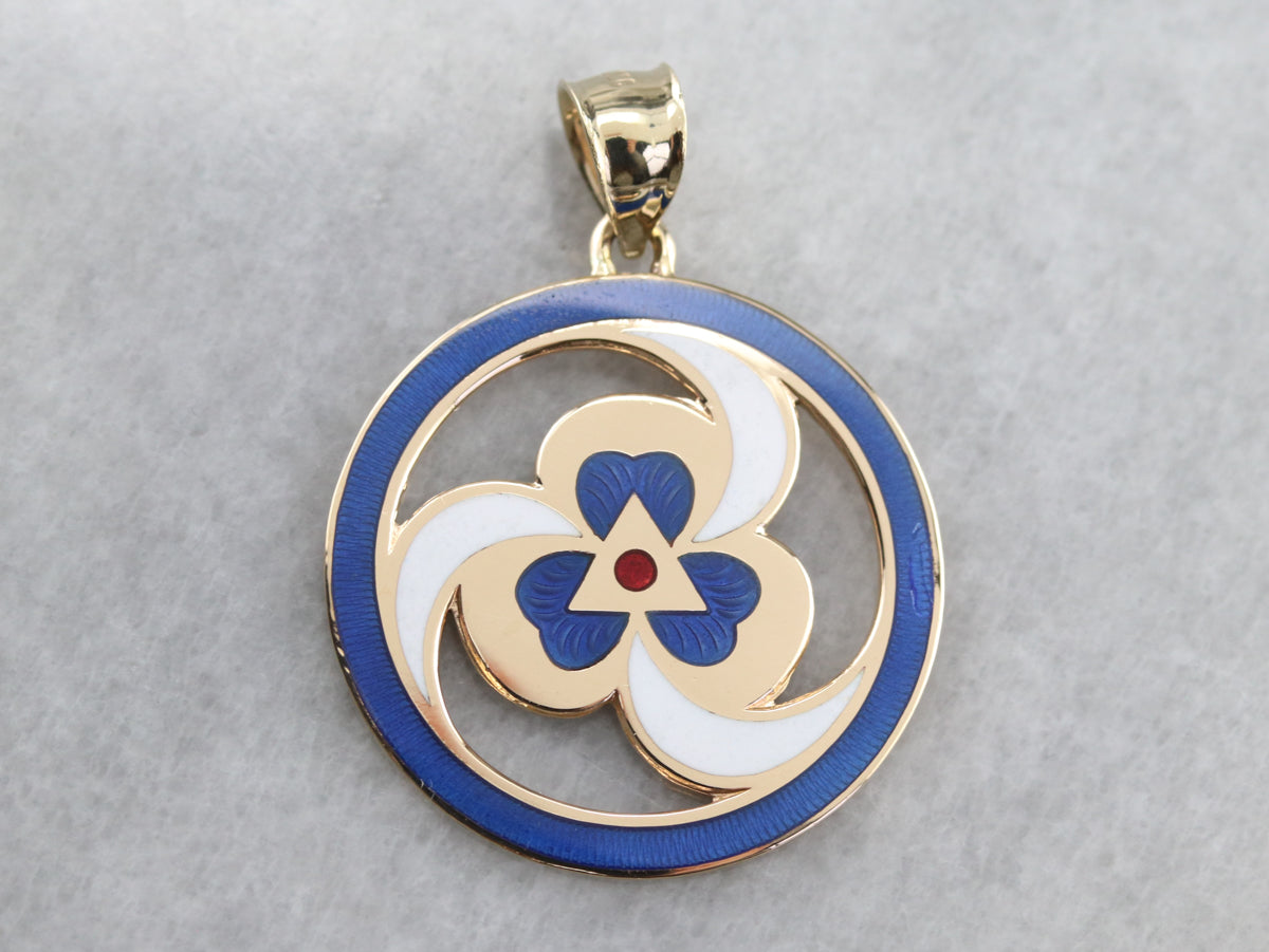 Gold Spiral and Clover Enamel Pendant