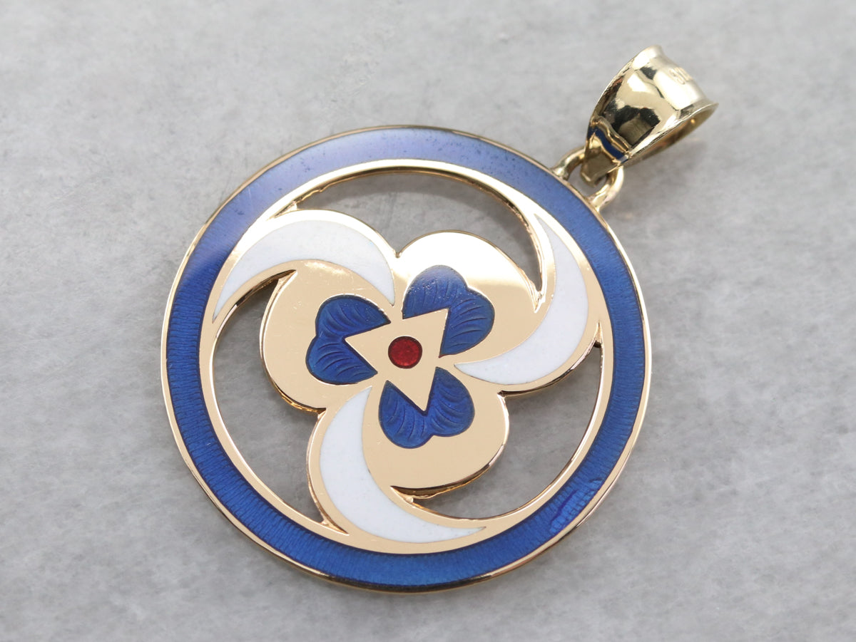 Gold Spiral and Clover Enamel Pendant