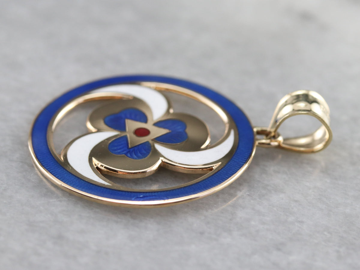 Gold Spiral and Clover Enamel Pendant