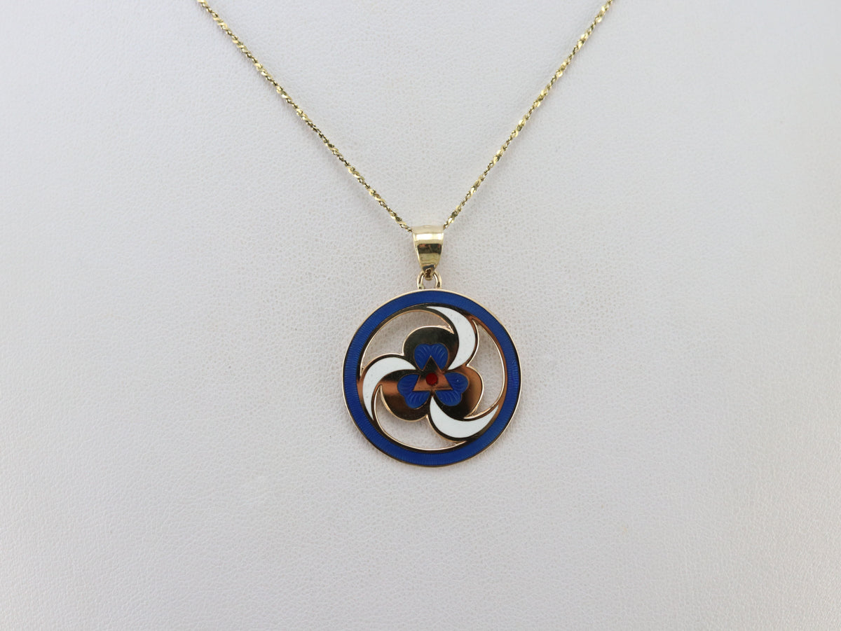 Gold Spiral and Clover Enamel Pendant