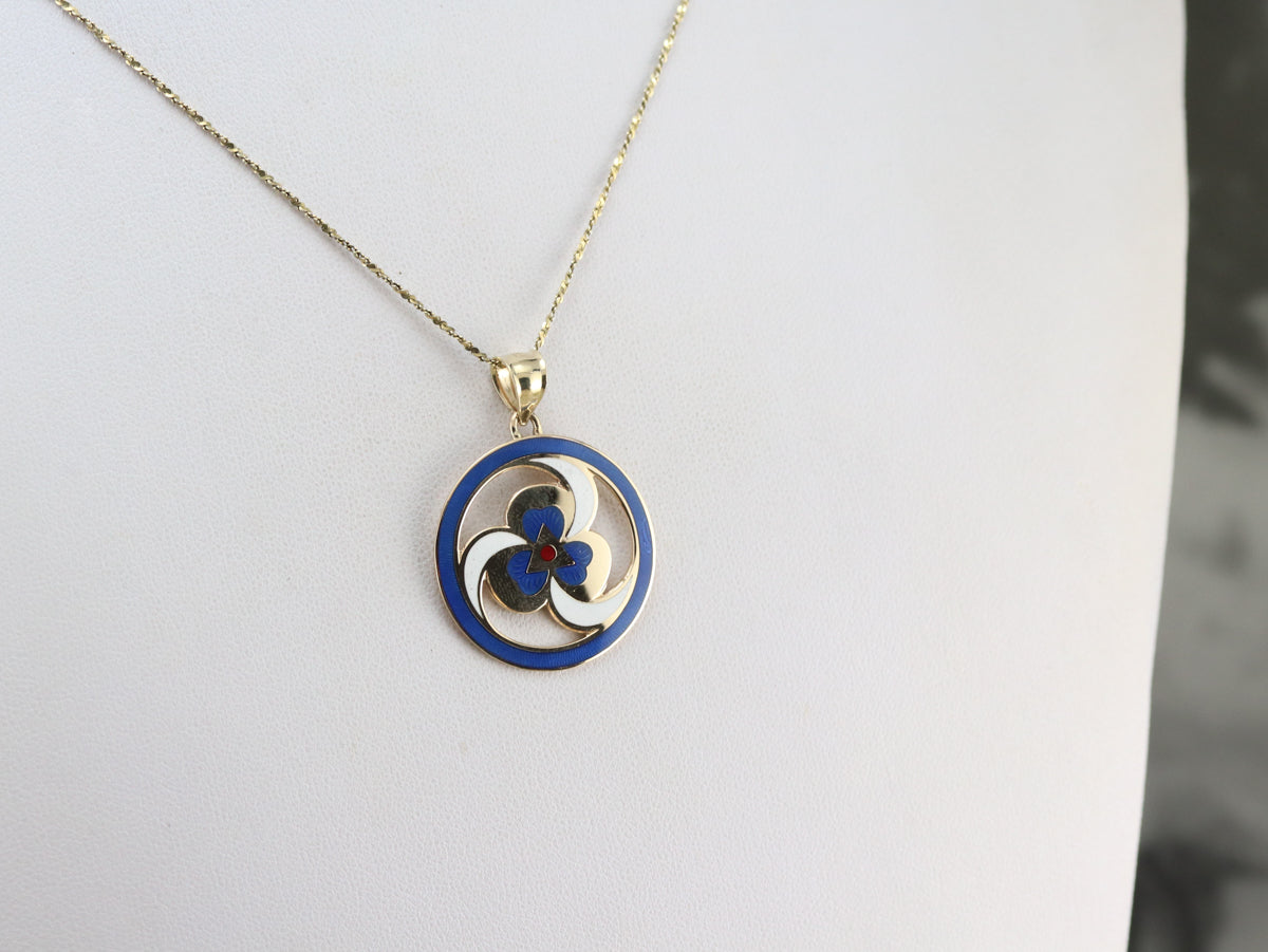 Gold Spiral and Clover Enamel Pendant