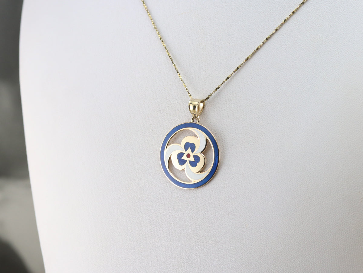 Gold Spiral and Clover Enamel Pendant