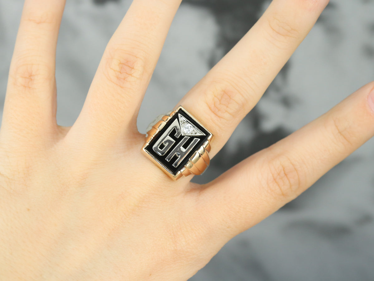 Men's "GH" Monogrammed Diamond and Onyx Ring