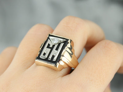 Men's "GH" Monogrammed Diamond and Onyx Ring