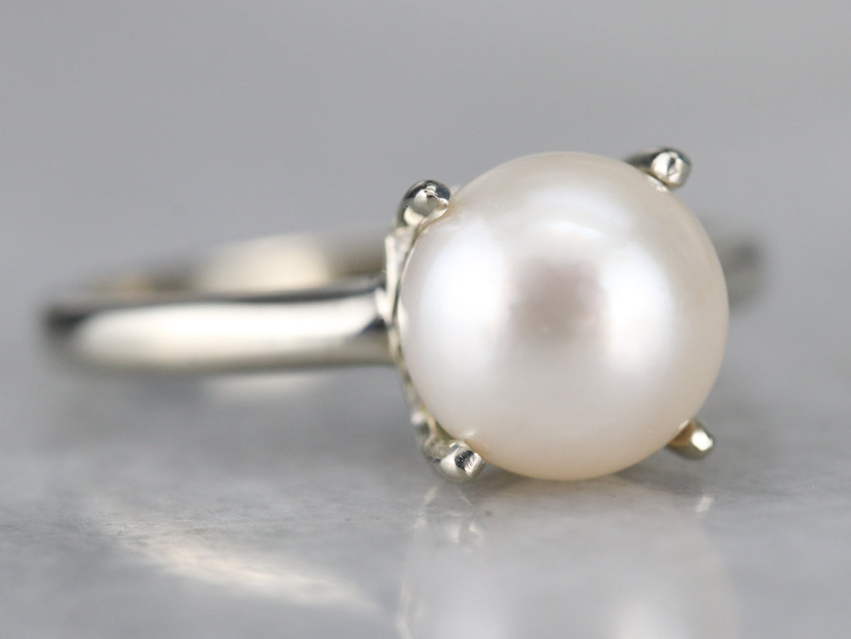 White Gold White Pearl Solitaire Ring