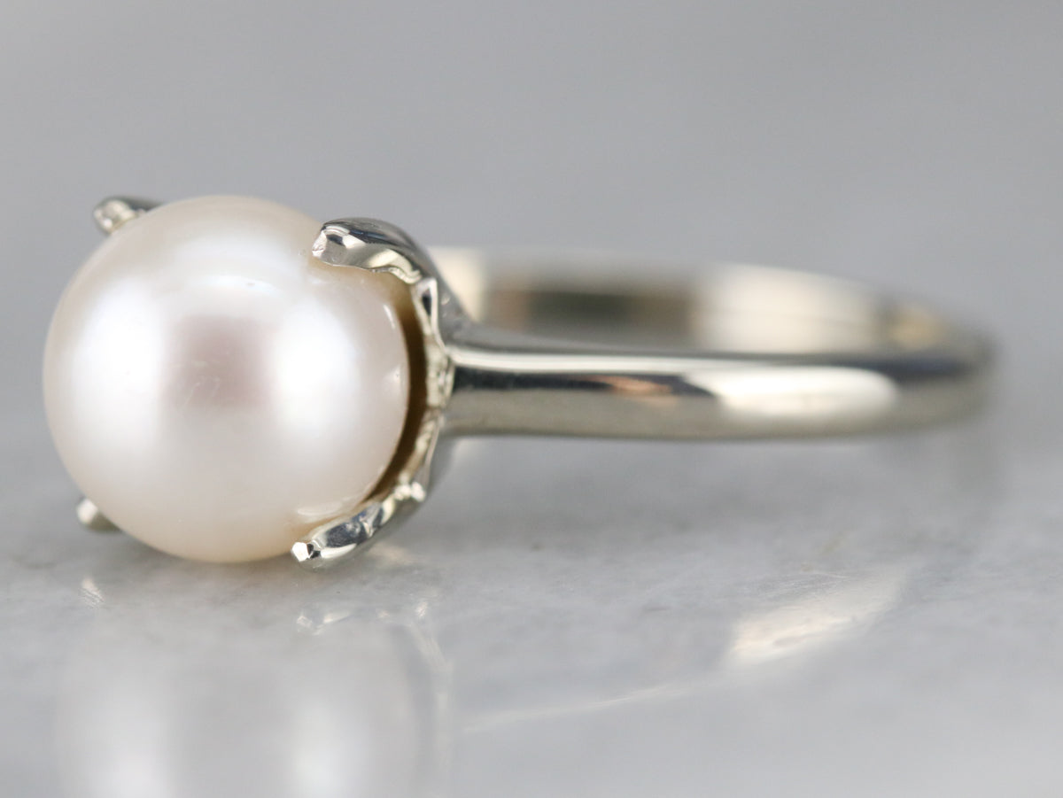 White Gold White Pearl Solitaire Ring