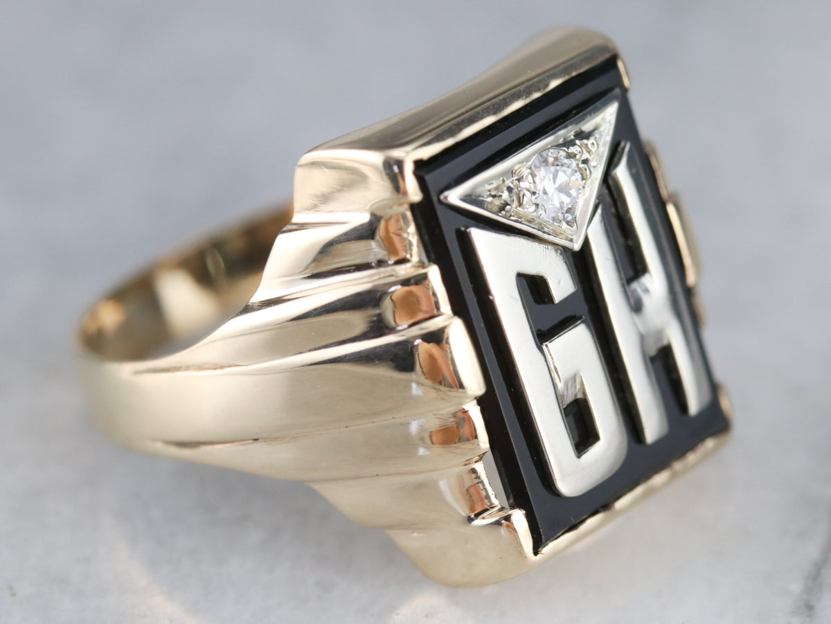 Men's "GH" Monogrammed Diamond and Onyx Ring