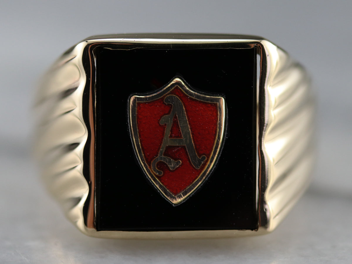 Vintage Onyx and Enamel "A" Initial Ring