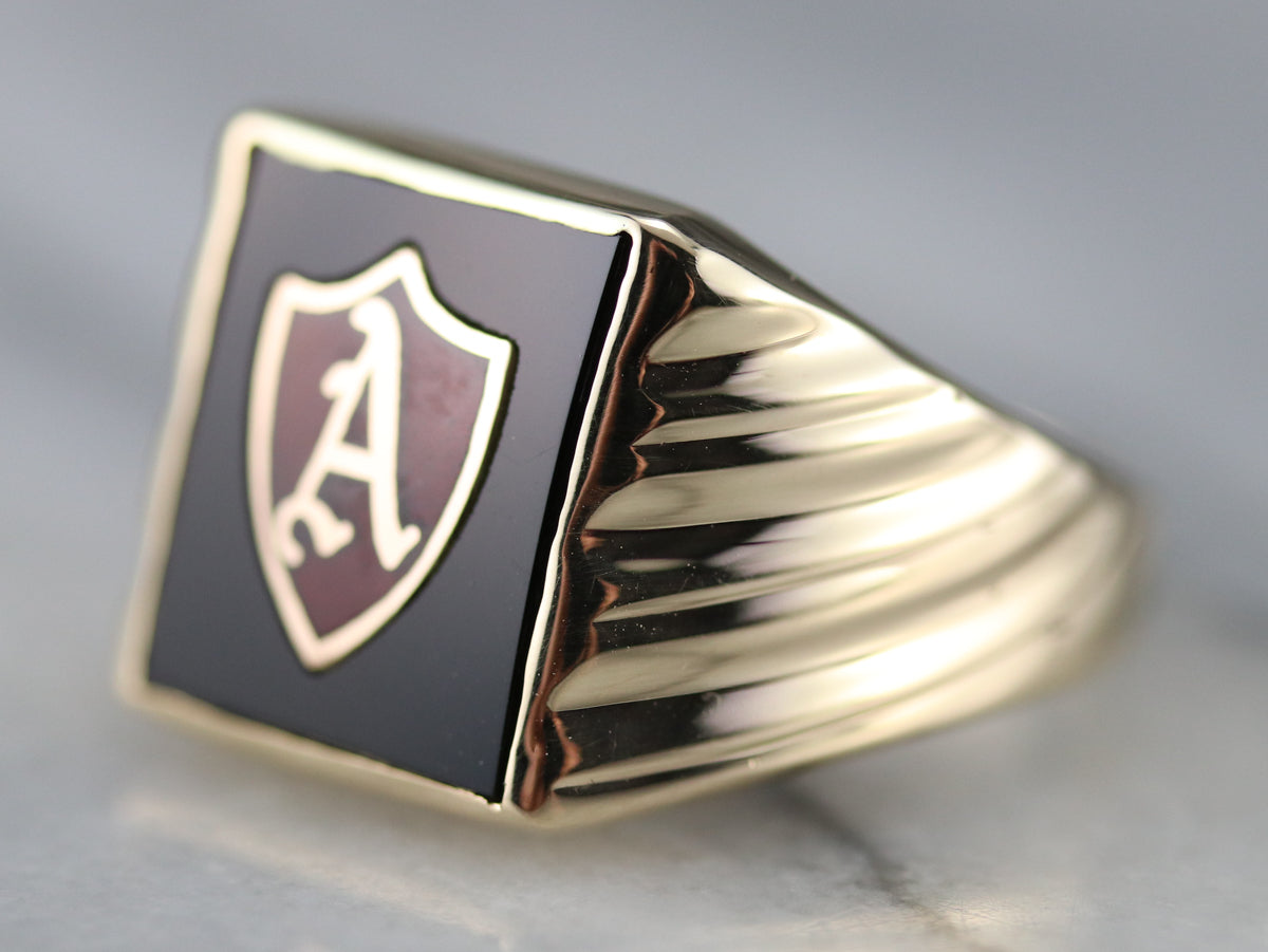 Vintage Onyx and Enamel "A" Initial Ring