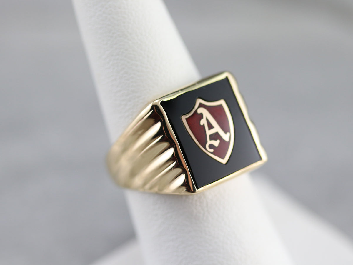 Vintage Onyx and Enamel "A" Initial Ring