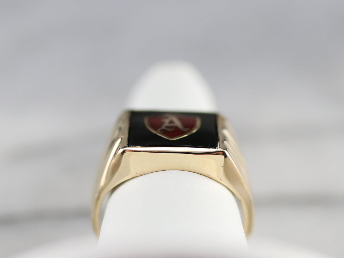 Vintage Onyx and Enamel "A" Initial Ring