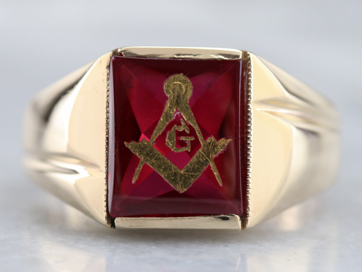 Men's Ruby Red Glass Masonic Ring