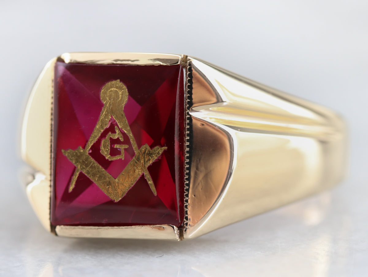 Men's Ruby Red Glass Masonic Ring