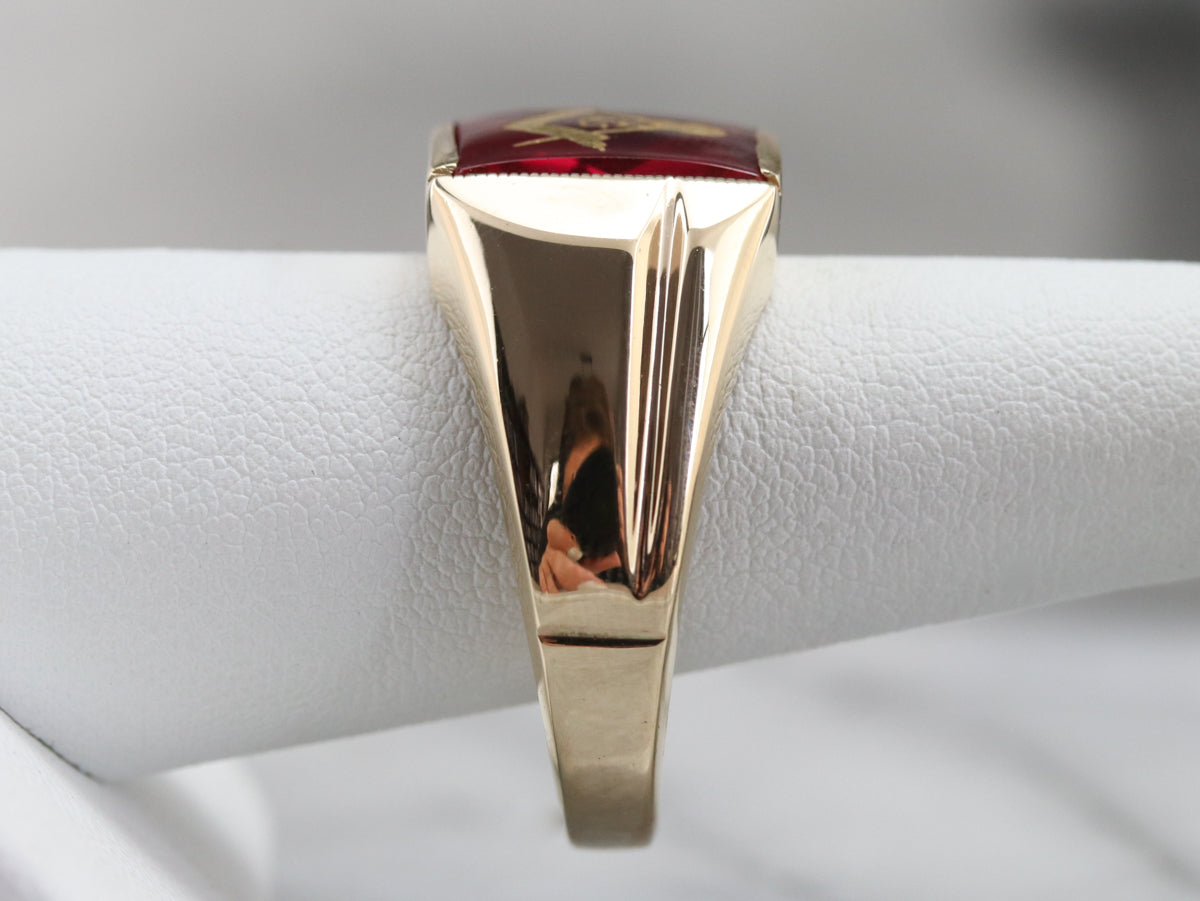 Men's Ruby Red Glass Masonic Ring