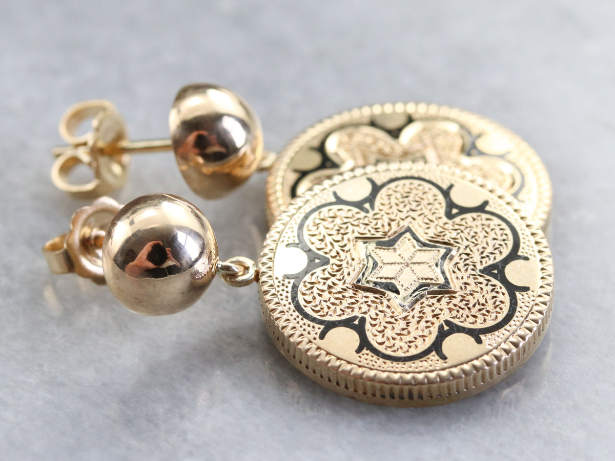 Pendientes colgantes de esmalte negro dorado antiguo