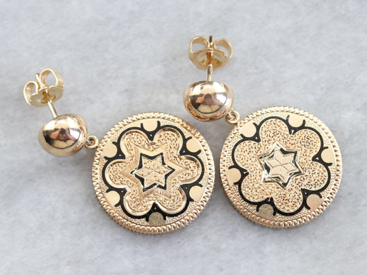 Pendientes colgantes de esmalte negro dorado antiguo