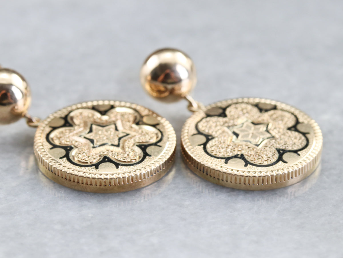 Pendientes colgantes de esmalte negro dorado antiguo