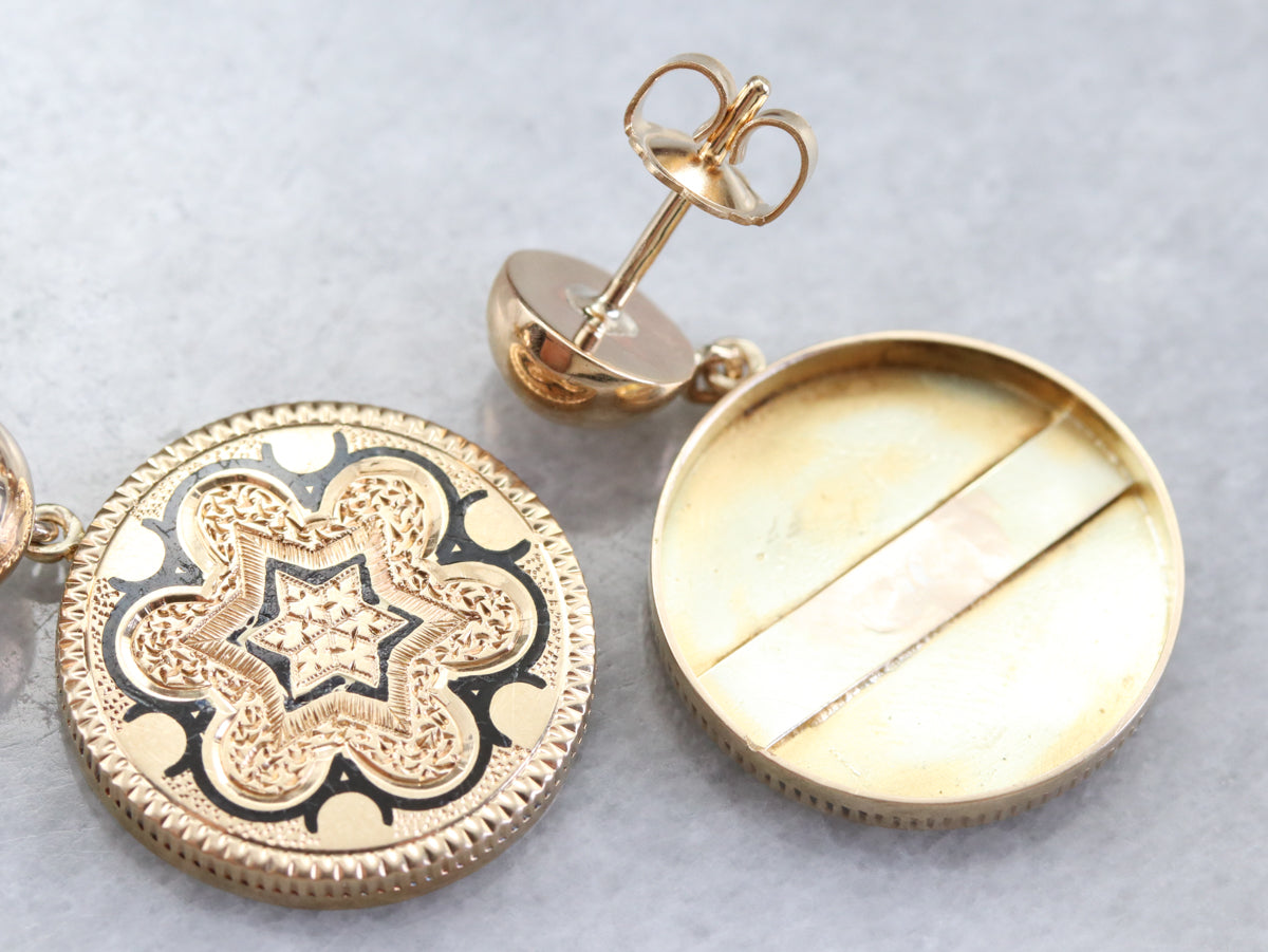 Pendientes colgantes de esmalte negro dorado antiguo
