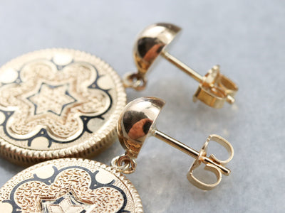 Antique Gold Black Enamel Drop Earrings