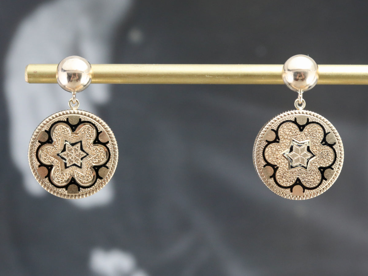 Pendientes colgantes de esmalte negro dorado antiguo