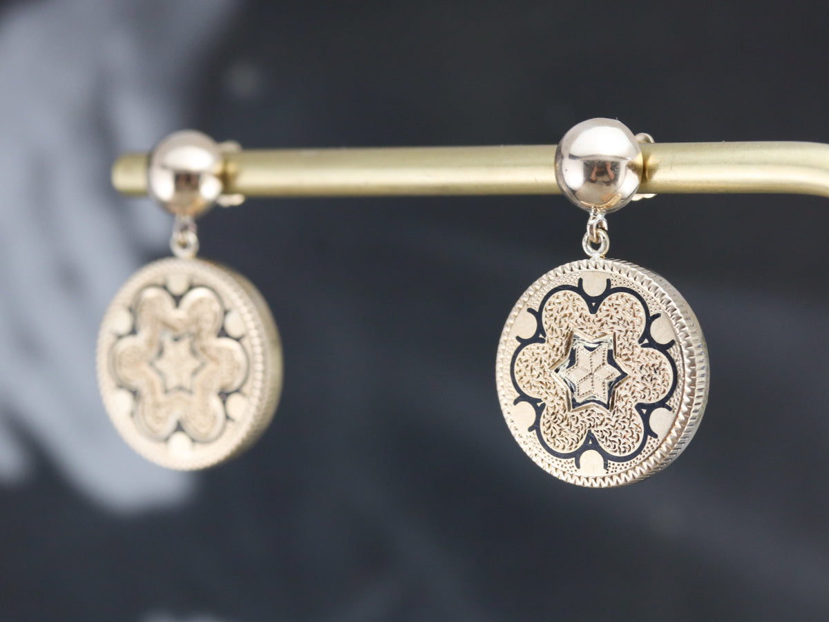 Pendientes colgantes de esmalte negro dorado antiguo