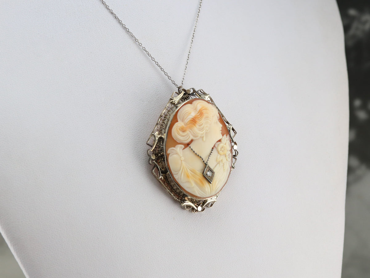 Vintage Diamond Cameo Brooch or Pendant