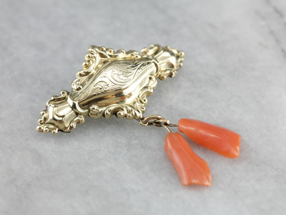 Ornate Victorian Coral Gold Brooch