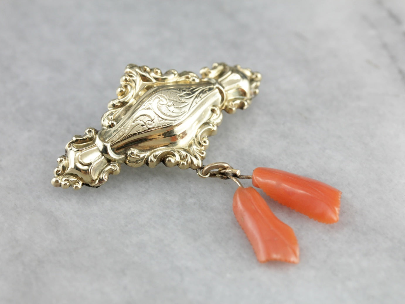 Ornate Victorian Coral Gold Brooch