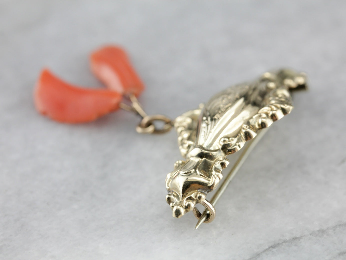 Ornate Victorian Coral Gold Brooch