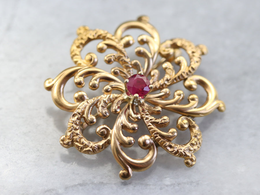 Ornate Gold Ruby Brooch