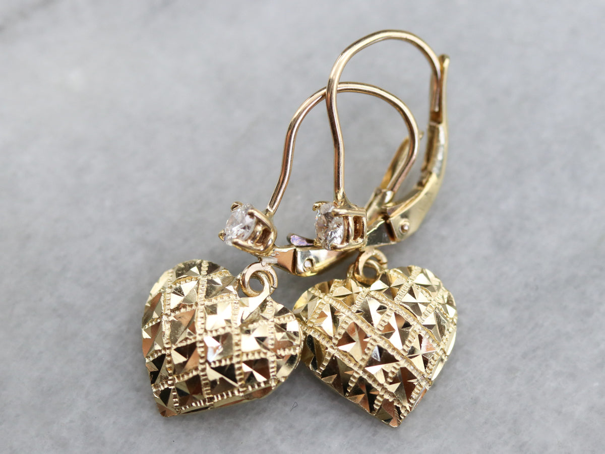 Gold Diamond Heart Drop Earrings