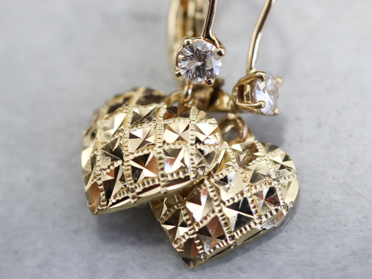 Pendientes colgantes de corazón de diamantes dorados