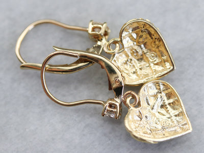 Gold Diamond Heart Drop Earrings