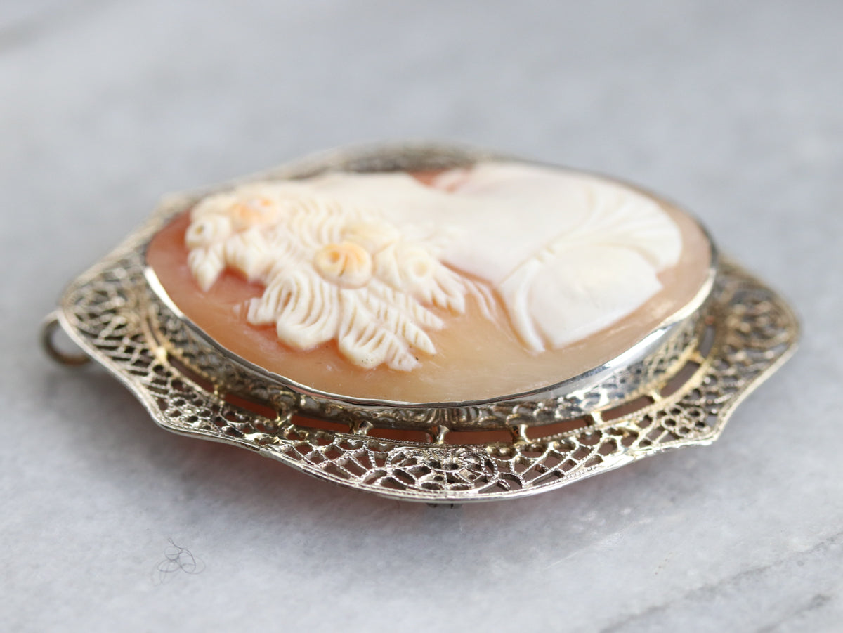 Vintage White Gold Cameo Brooch or Pendant