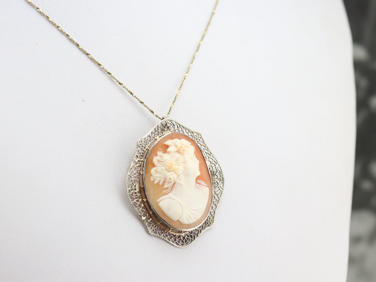 Vintage White Gold Cameo Brooch or Pendant