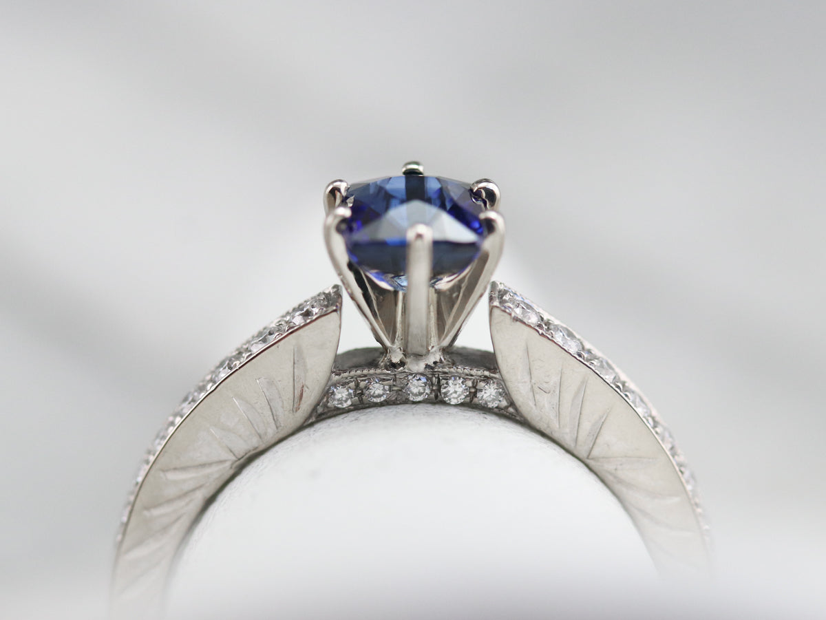 Modern Ceylon Sapphire and Diamond Engagement Ring