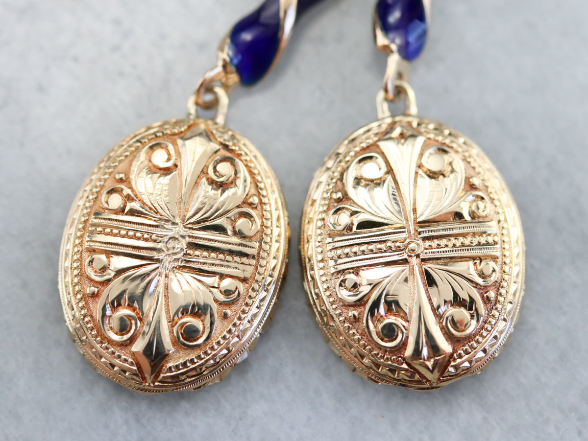 Etched Gold and Enamel Drop Earrings