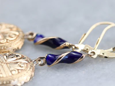 Etched Gold and Enamel Drop Earrings