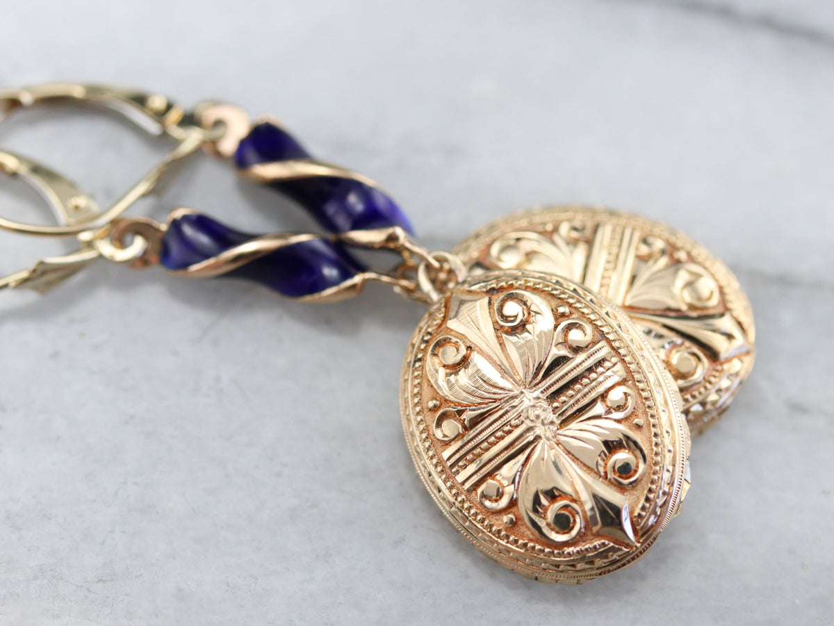 Etched Gold and Enamel Drop Earrings