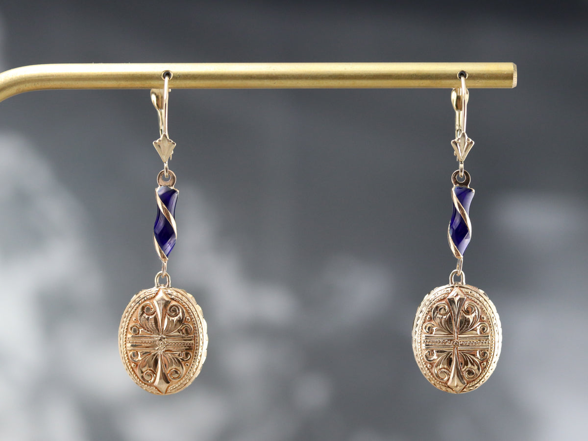 Etched Gold and Enamel Drop Earrings