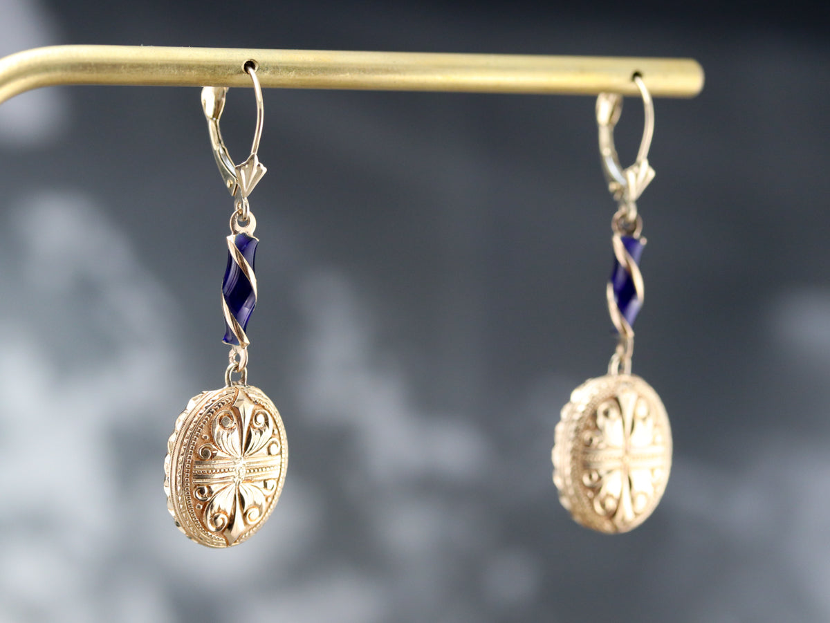 Etched Gold and Enamel Drop Earrings