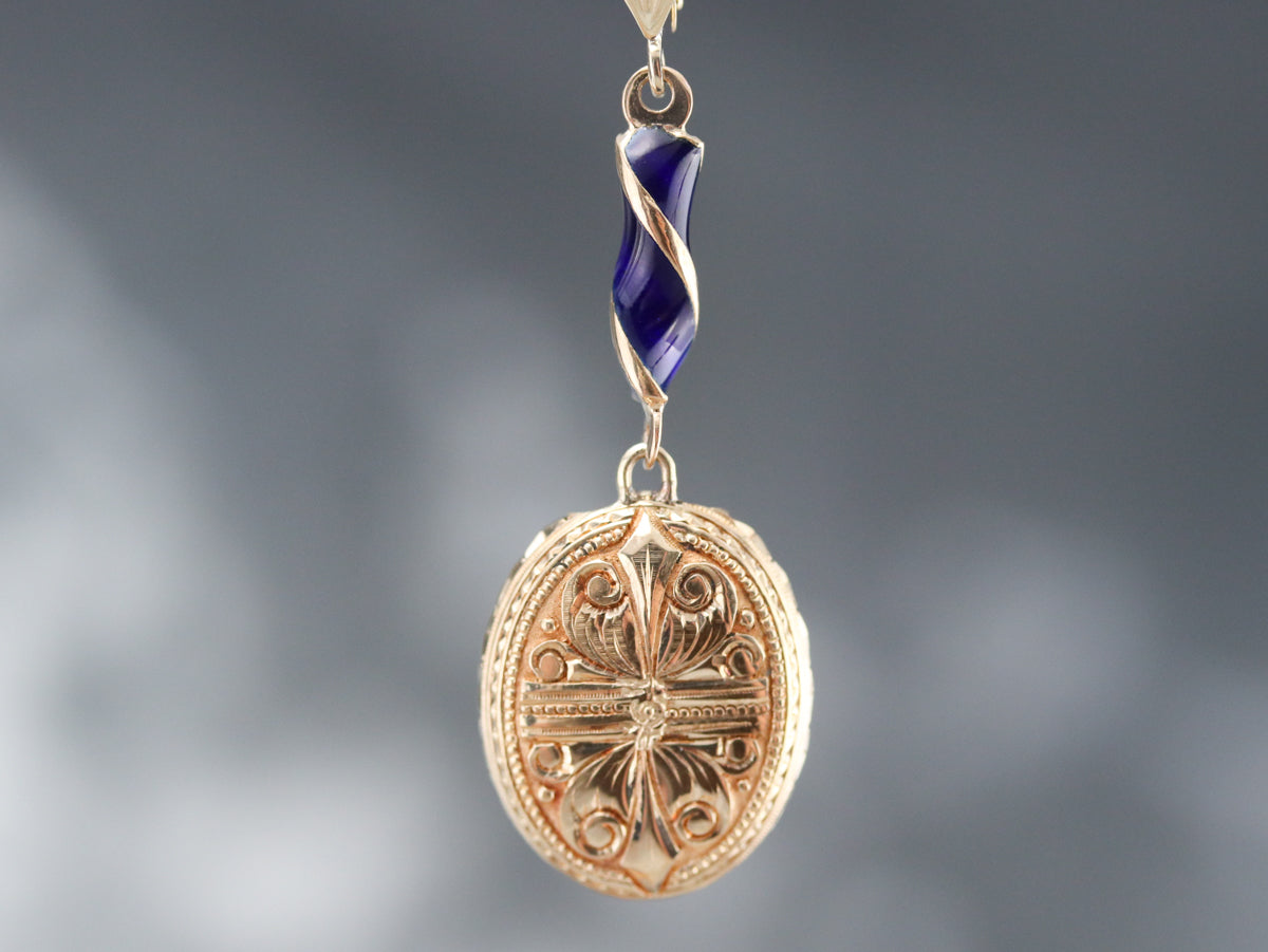 Etched Gold and Enamel Drop Earrings