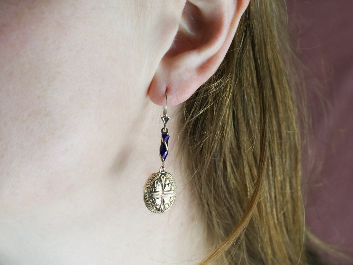 Etched Gold and Enamel Drop Earrings