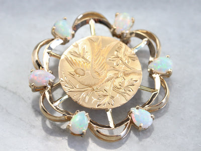 Opal Songbird Etched Gold Brooch