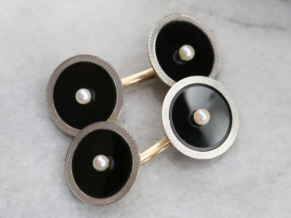 Retro Platinum and Gold Onyx Cufflinks