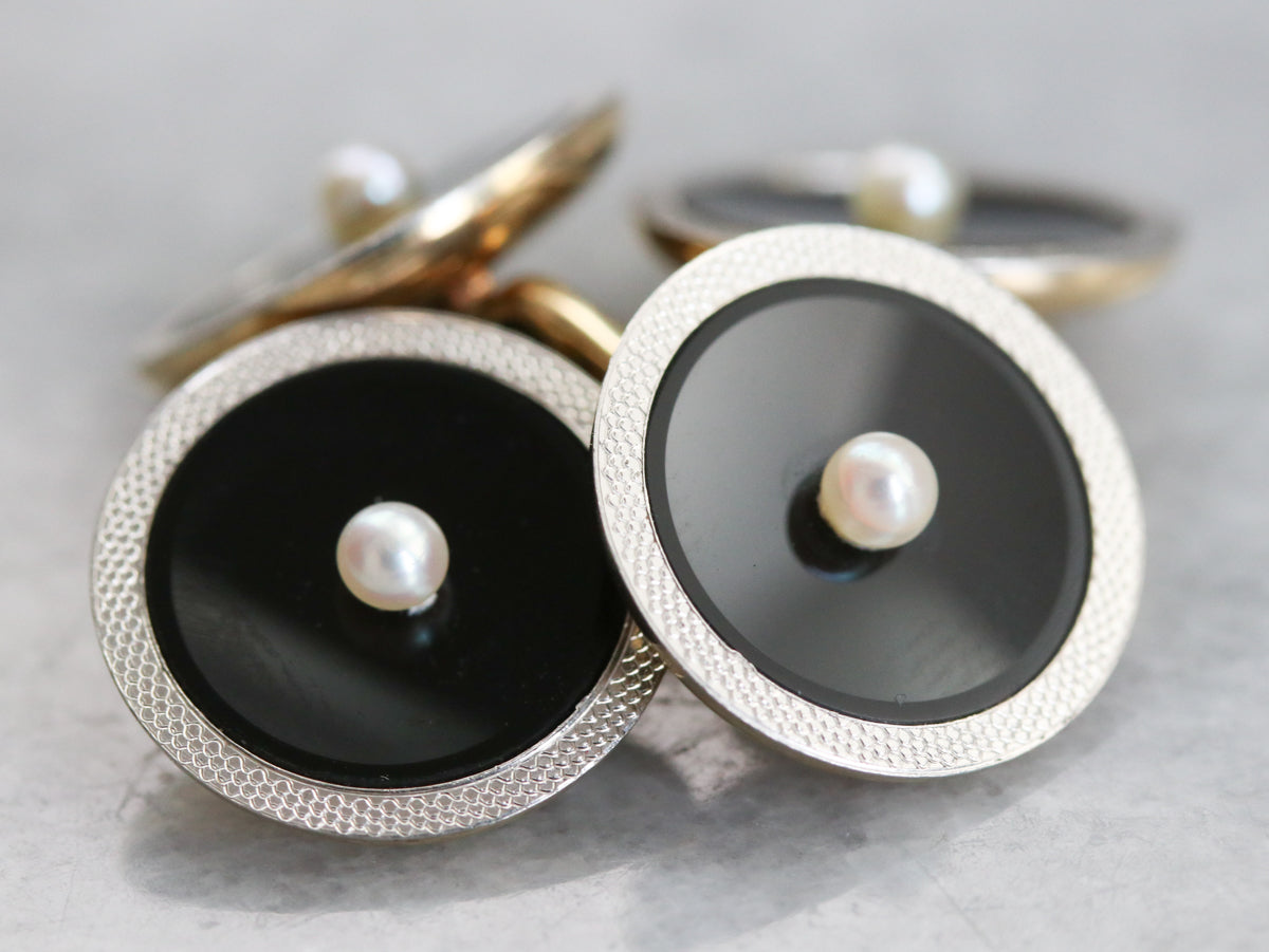 Retro Platinum and Gold Onyx Cufflinks