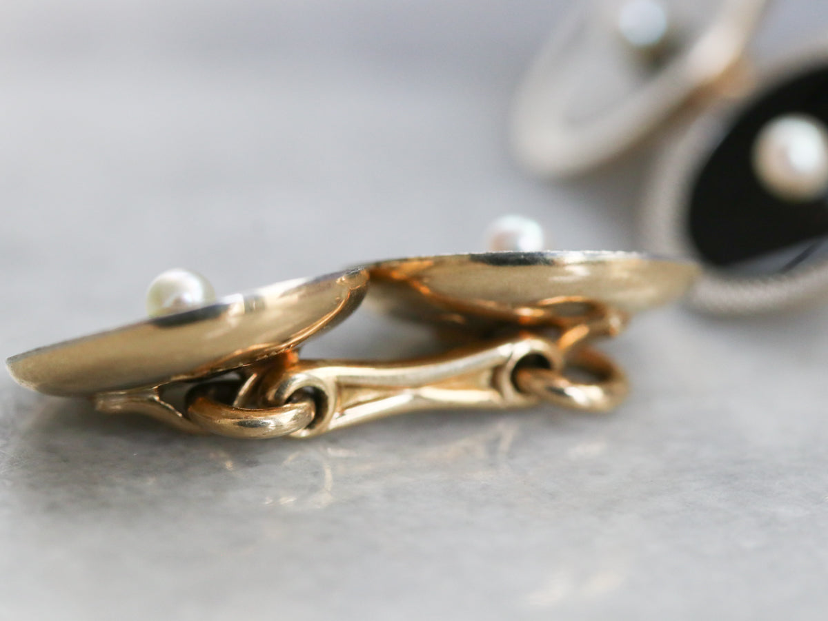 Retro Platinum and Gold Onyx Cufflinks