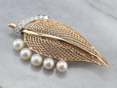 Mid Century Diamond and Pearl Leaf Brooch