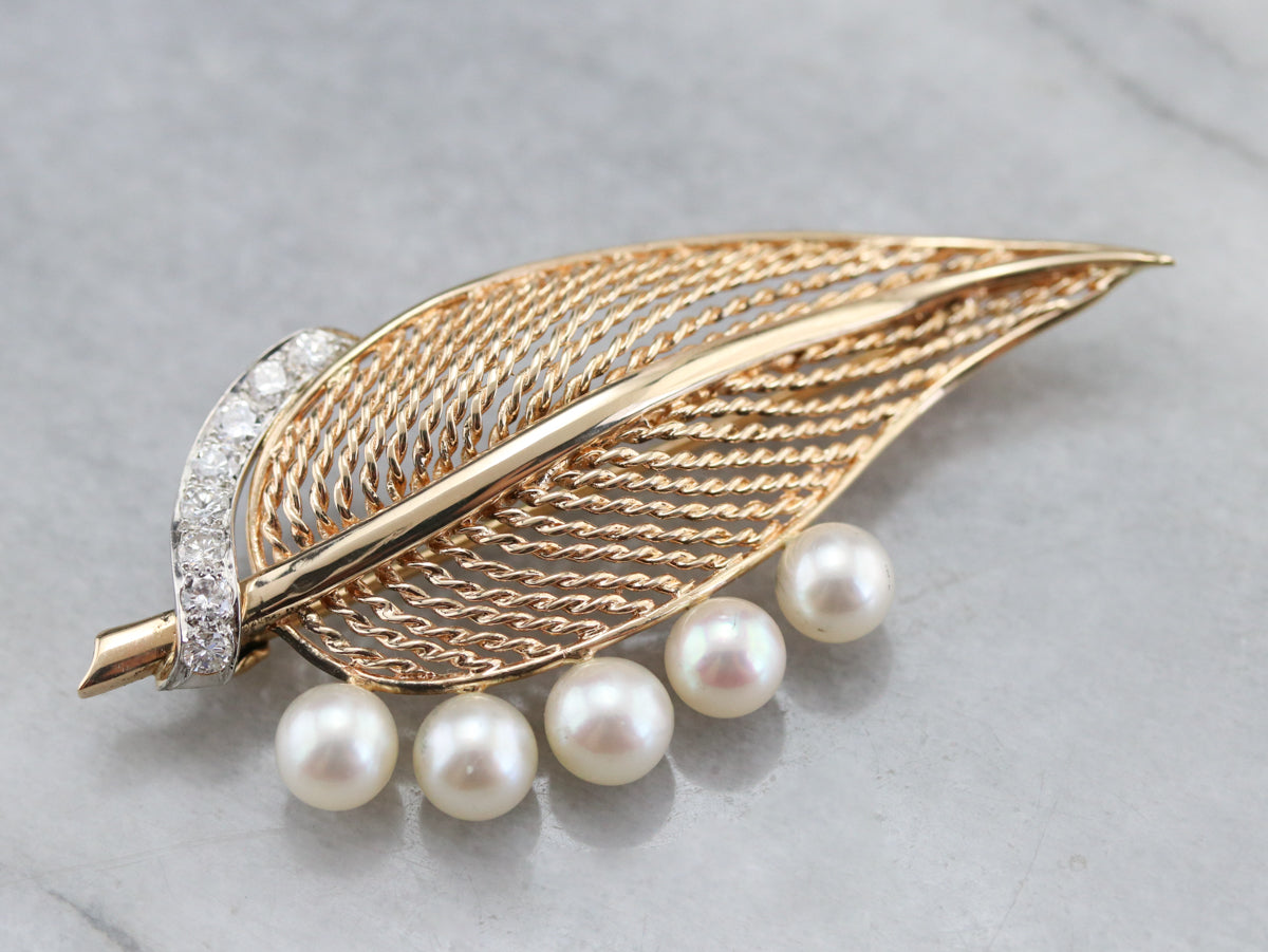 Mid Century Diamond and Pearl Leaf Brooch